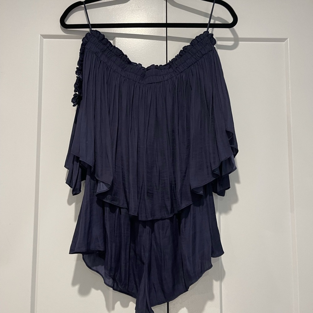 Navy blue romper off the shoulder short sleeves!